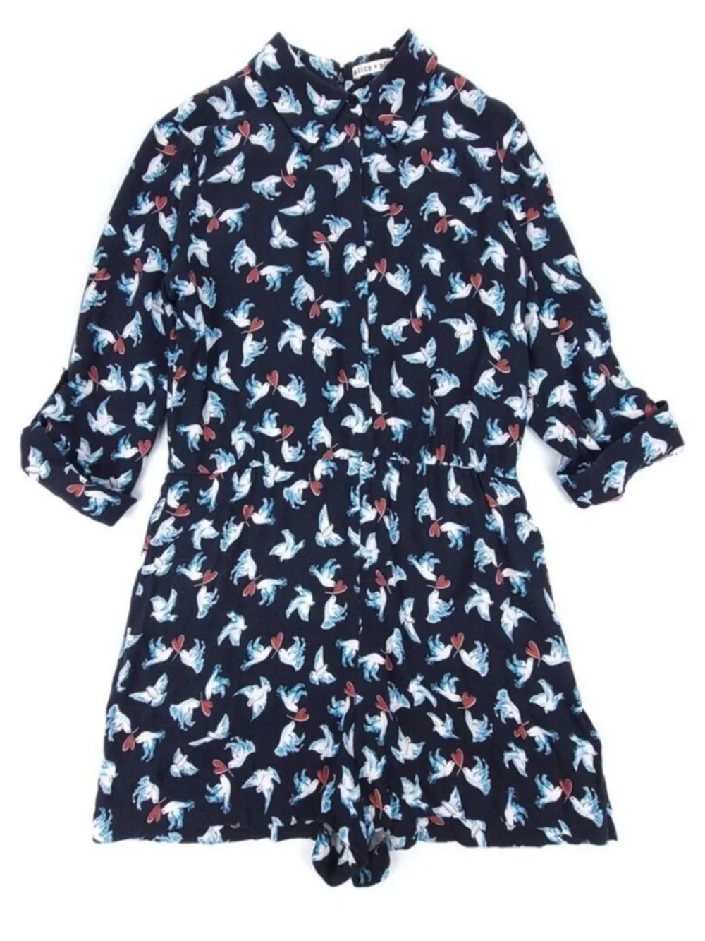 ALICE + OLIVIA Love Dove Button Down Romper Twee Vintage Novelty Print Womens 12 - Picture 10 of 10